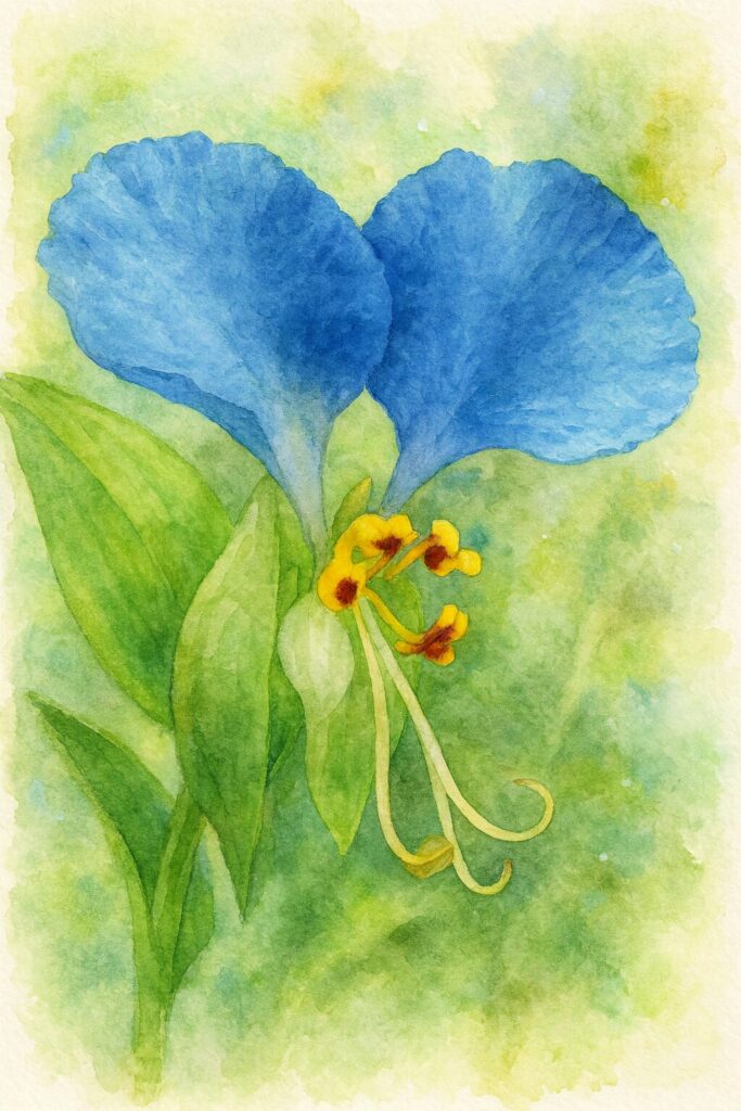 鮮やかな青い花弁が魅力のツユクサを描いた水彩画風イラスト｜黄色い雄しべと柔らかな緑背景