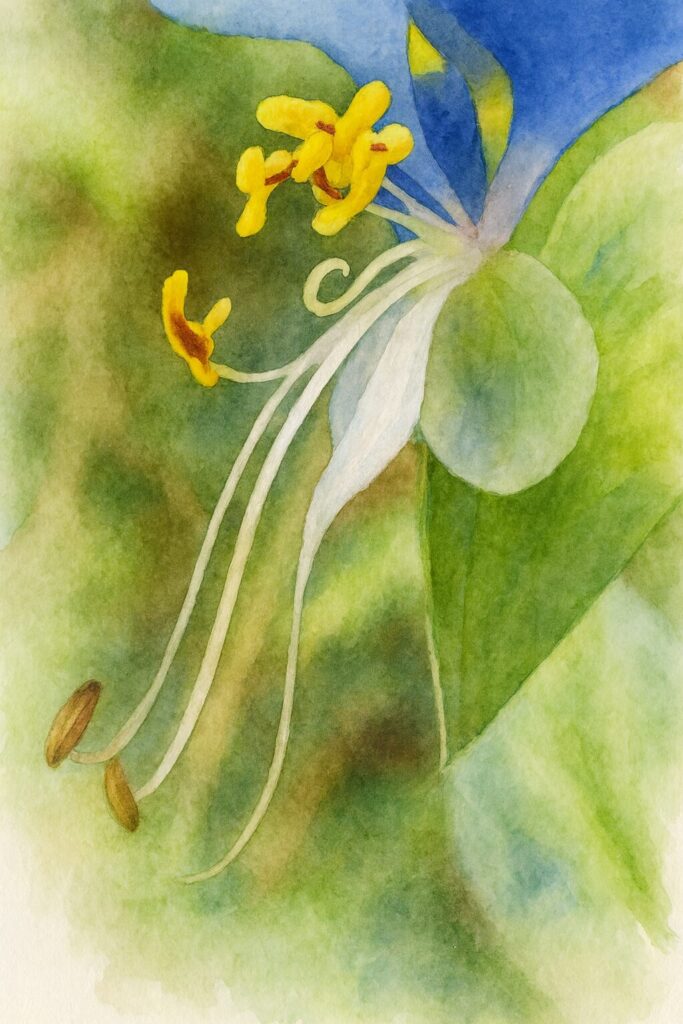 ツユクサの雄しべと白い花弁を描いた水彩画風イラスト｜繊細な接写構図と柔らかな緑背景