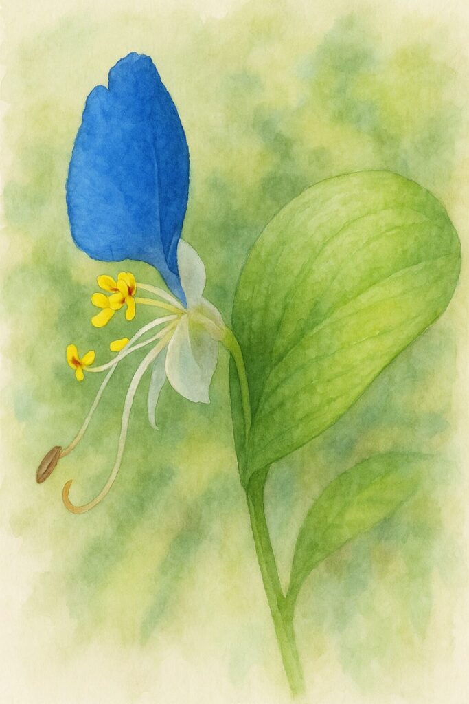 一枚の青い花弁と大きな緑葉が印象的なツユクサの水彩画風イラスト｜自然な横向き接写構図