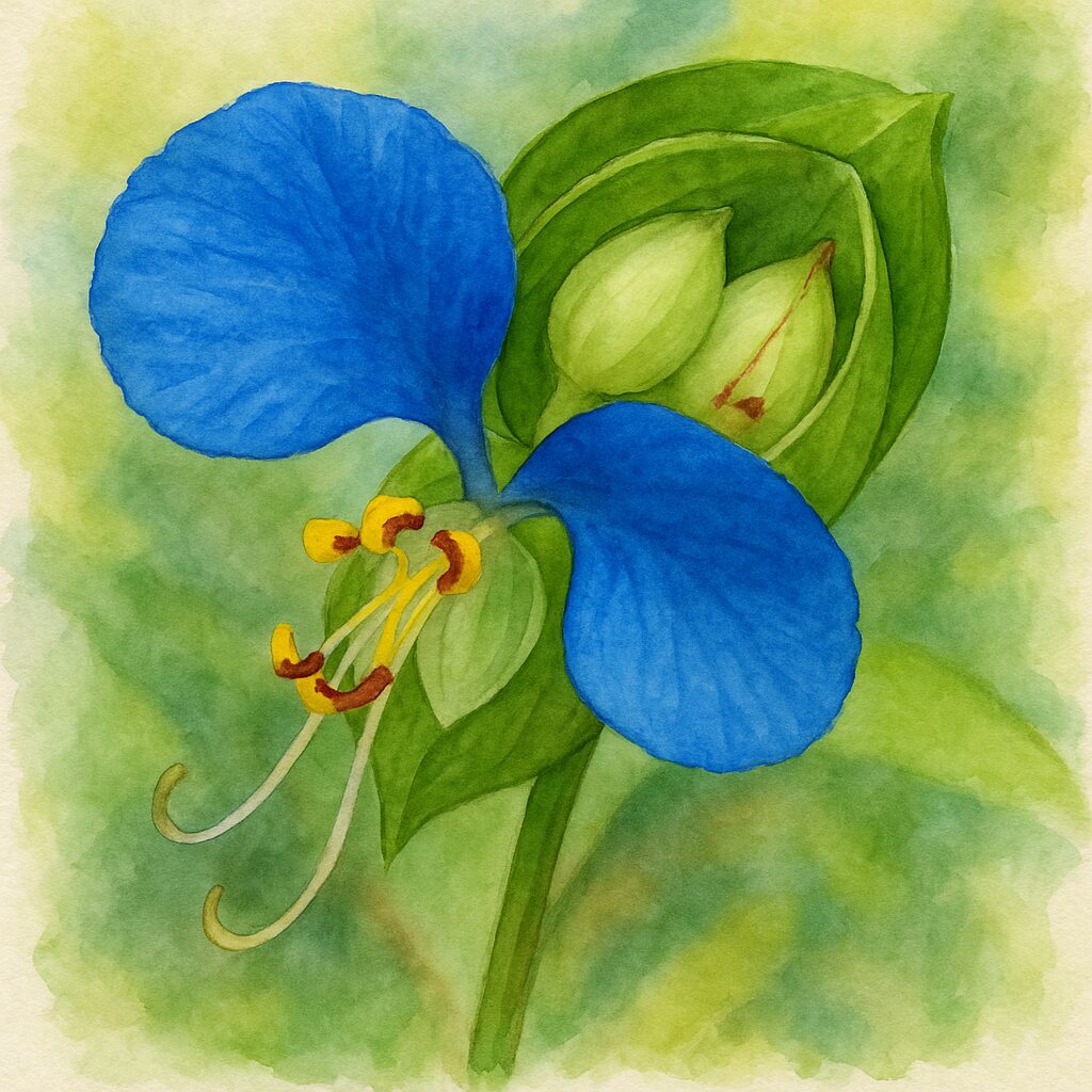 青い花弁と膨らんだ子房を描いたツユクサの水彩画風イラスト｜繊細な接写構図の植物画
