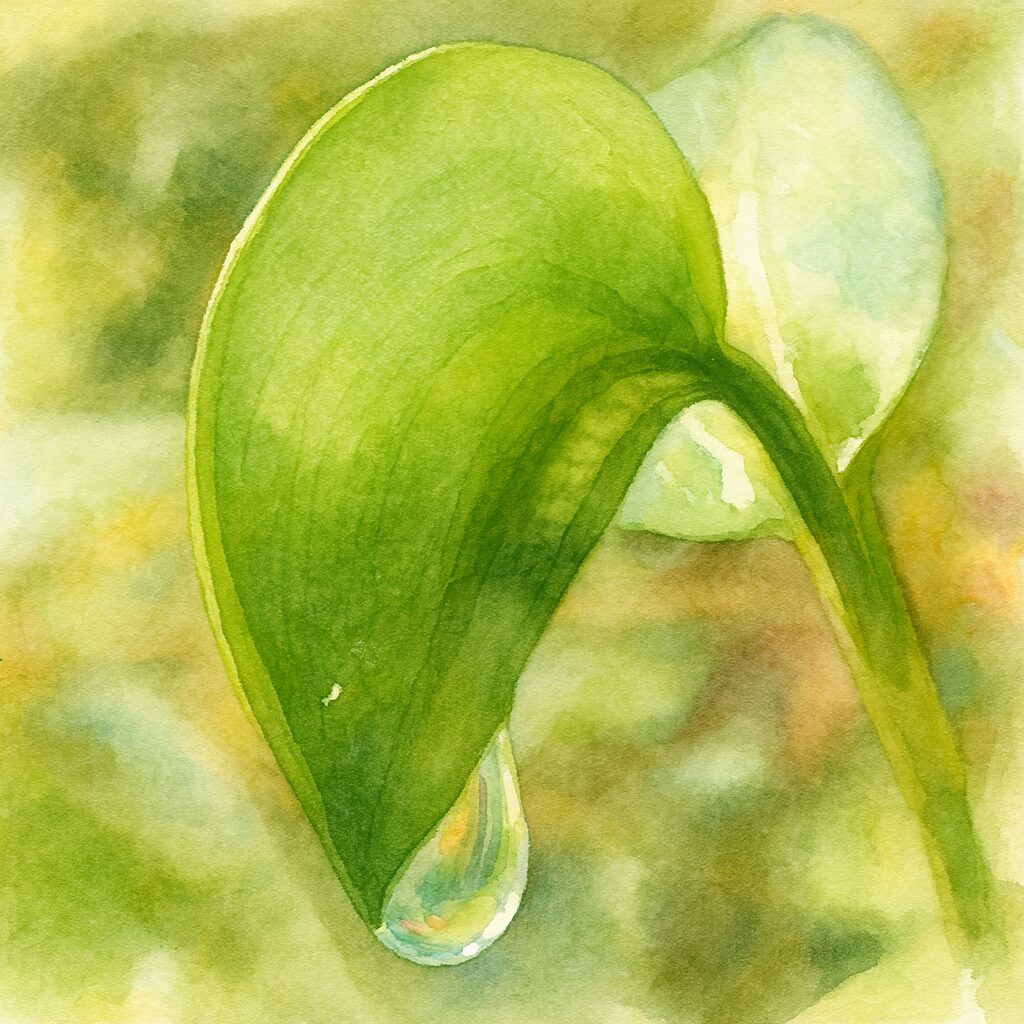 水滴が光るツユクサの葉を描いた水彩画風イラスト｜柔らかな緑の背景が映える植物画