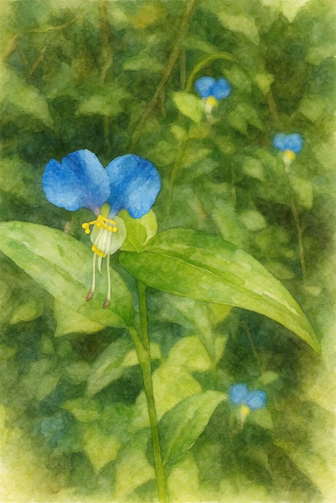ツユクサの青い花と奥にぼけて見える花を描いた水彩画風イラスト｜自然に溶け込む野草の群生表現