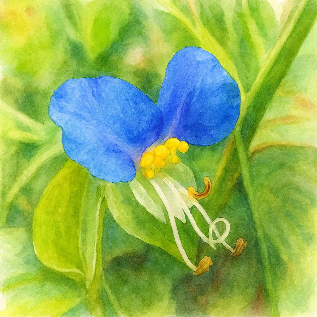 青い花弁と黄色い雄しべが美しいツユクサの水彩画風イラスト｜柔らかな緑背景に咲く野の花