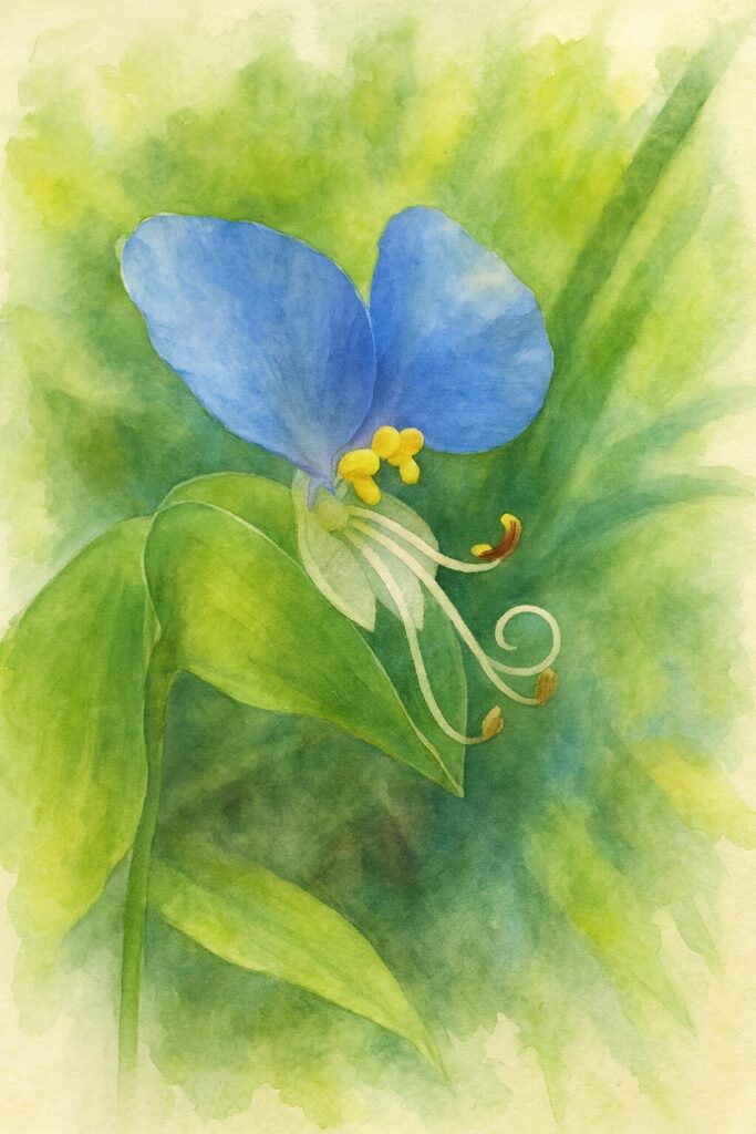 青い花弁が美しいツユクサの水彩画風イラスト｜柔らかな緑背景に咲く夏の野草