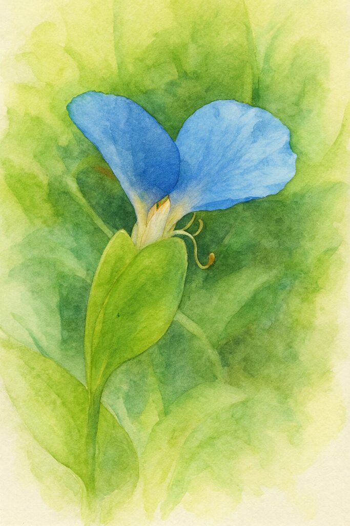 大きな青い花弁が美しいツユクサの水彩画風イラスト｜緑背景で際立つ野草の花