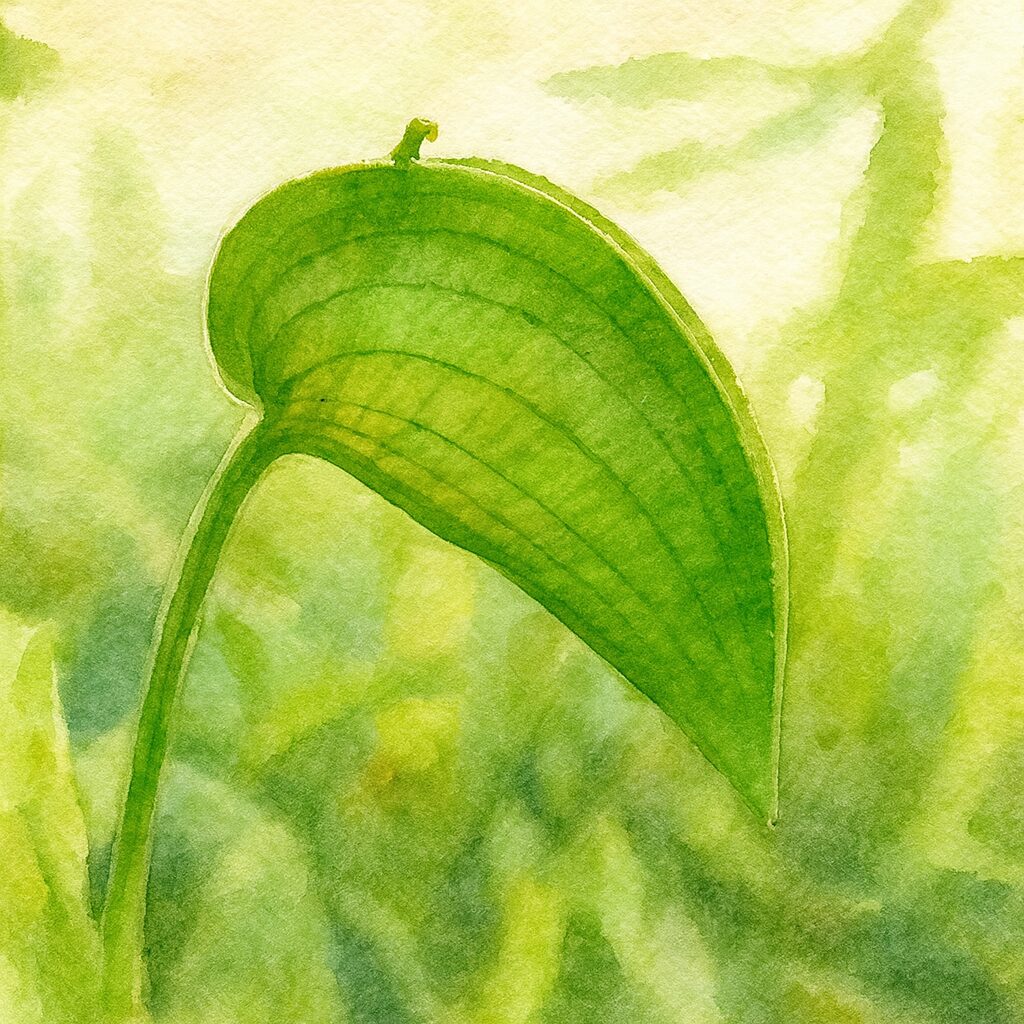 ツユクサの葉を描いた水彩画風イラスト｜透ける葉脈と柔らかい緑背景が印象的