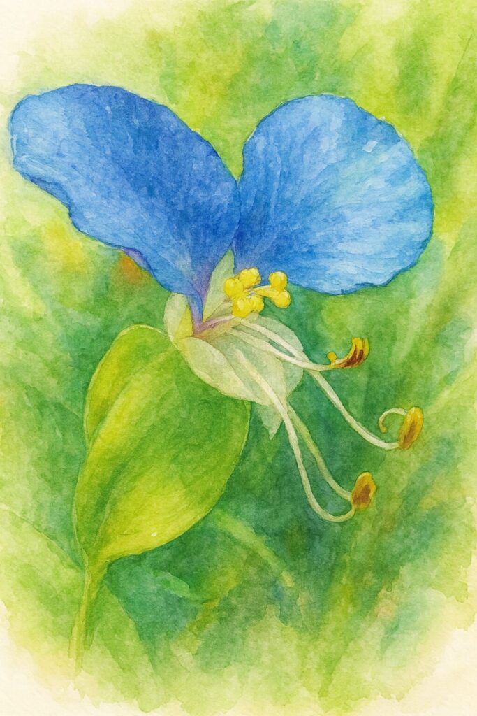 青い花弁と黄色い雄しべが美しいツユクサの水彩画風イラスト｜柔らかな緑背景に咲く野の花