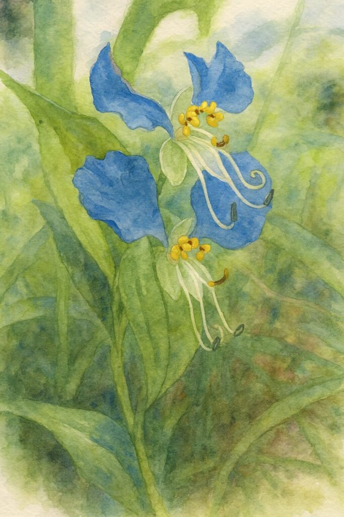 二輪の青い花が美しいツユクサの水彩画風イラスト｜柔らかな緑背景に映える夏の野草