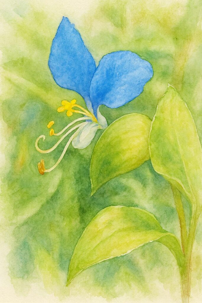 青い花弁と曲線的な雄しべが印象的なツユクサの水彩画風イラスト｜緑背景に優しく浮かぶ野草
