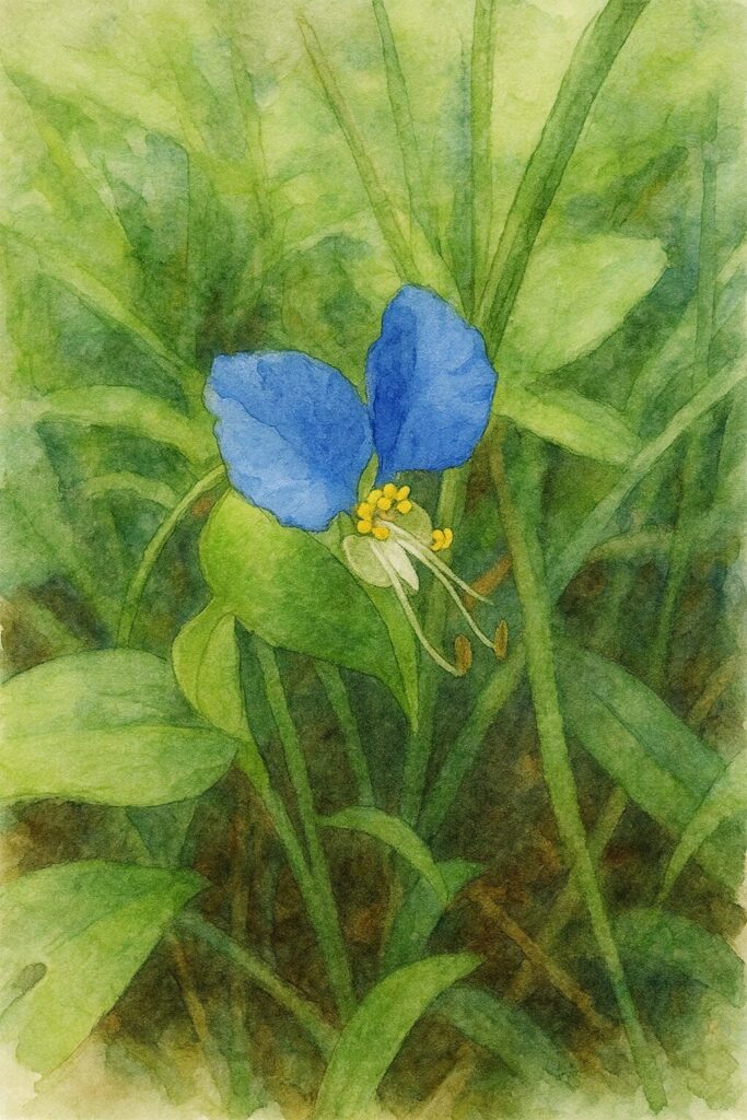 緑の草地に咲くツユクサを描いた水彩画風イラスト｜青い花弁と黄色い雄しべが美しい野草