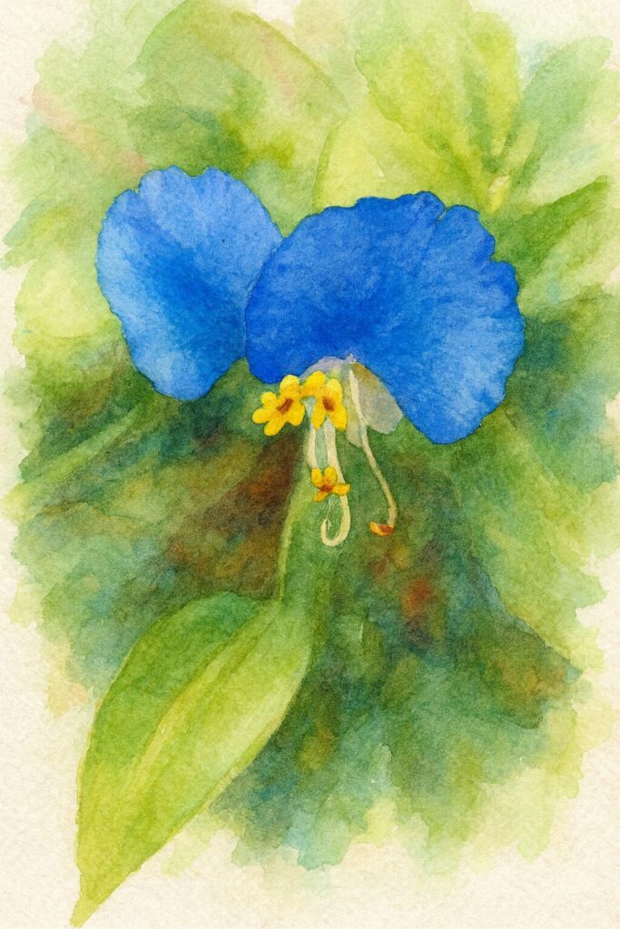 水彩画風に描かれたツユクサの青い花のボタニカルイラスト｜柔らかな緑背景に映える野草の花