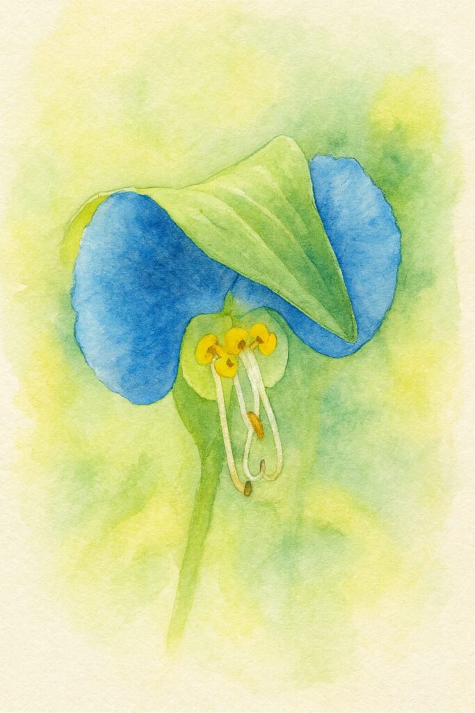 水彩画風に描かれたツユクサの青い花と葉のボタニカルアート｜柔らかな緑背景に映える野草の花