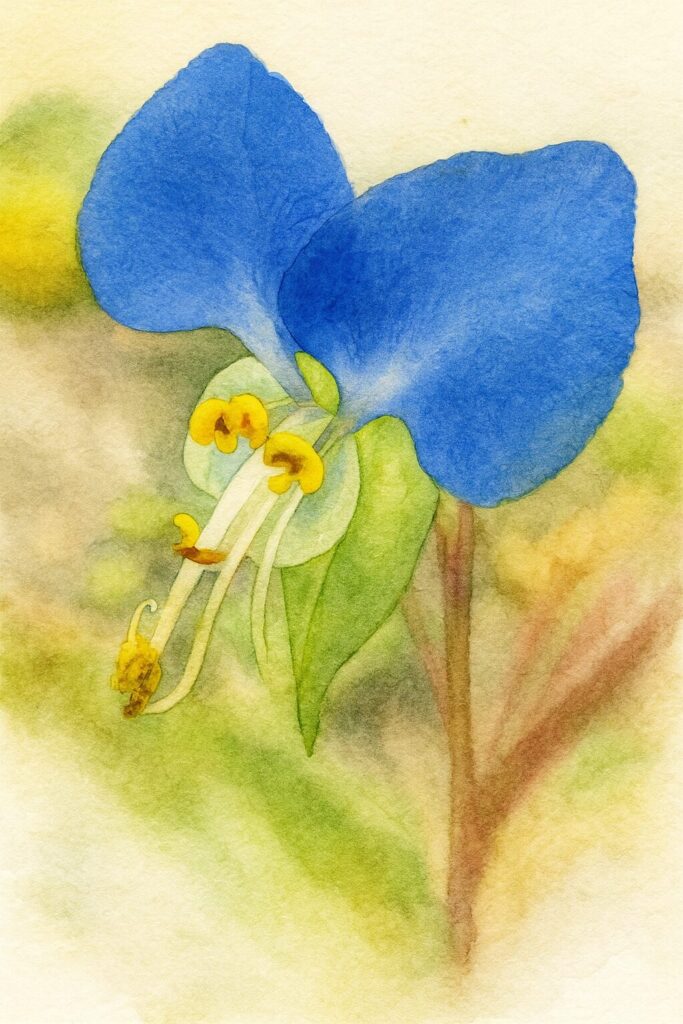 水彩画風に描かれたツユクサの青い花のボタニカルイラスト