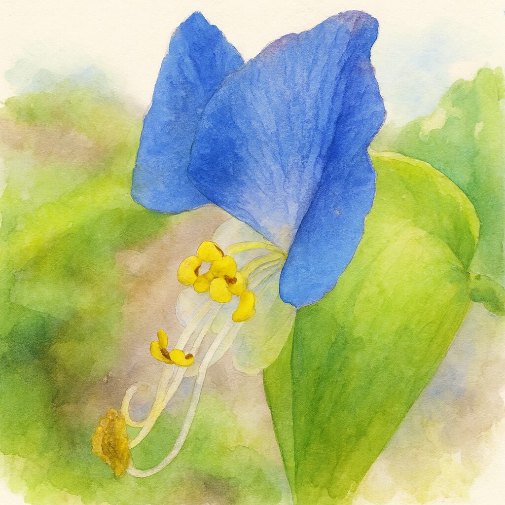 水彩画風に描かれたツユクサの青い花のボタニカルアート｜柔らかな背景に映える鮮やかな花