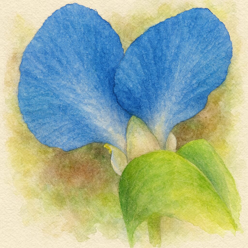 水彩画風に描かれたツユクサの青い花のボタニカルアート｜柔らかな質感で表現された花と葉