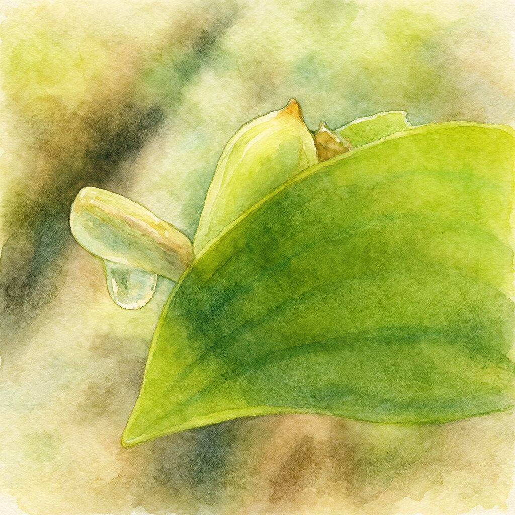 水彩画風に描かれたツユクサの葉と蕾のボタニカルアート｜柔らかい色合いの自然描写