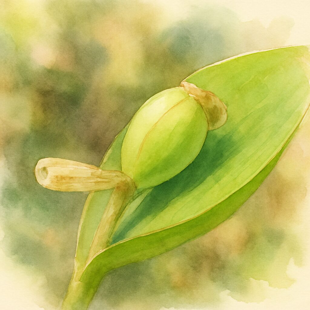水彩画風に描かれたツユクサの蕾のボタニカルアート｜柔らかい緑色が美しい開花前の姿