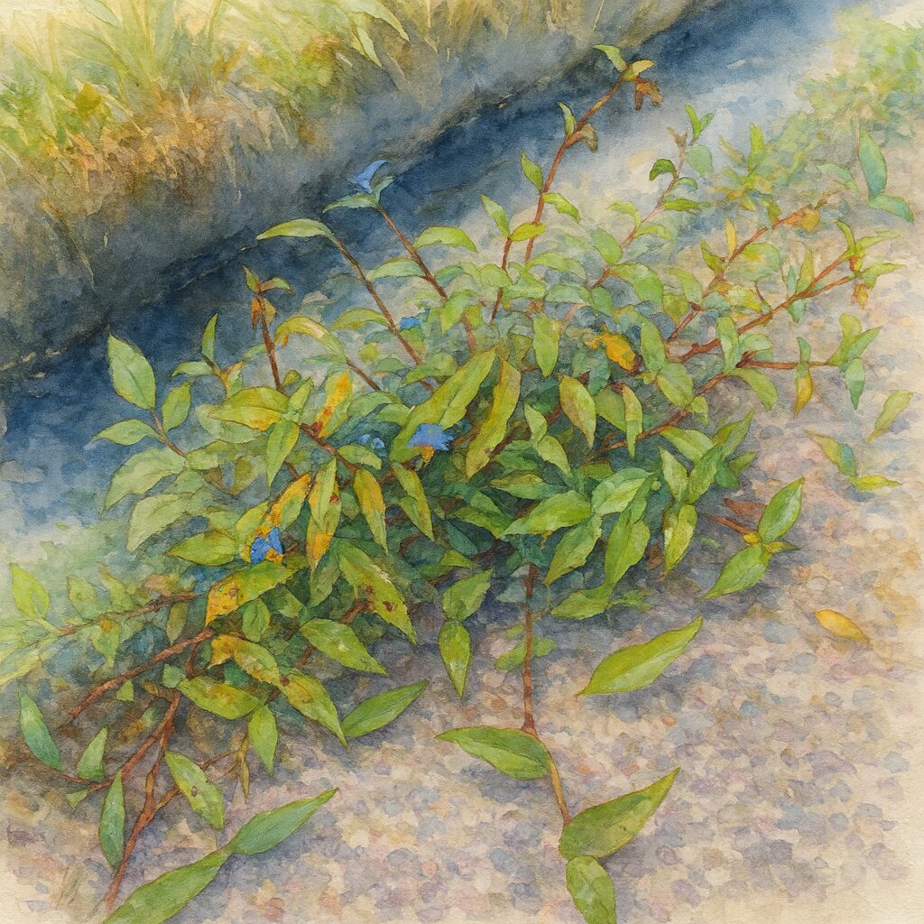 水彩画風に描かれた道端のツユクサ群生｜青い花と緑の葉が広がる植物画