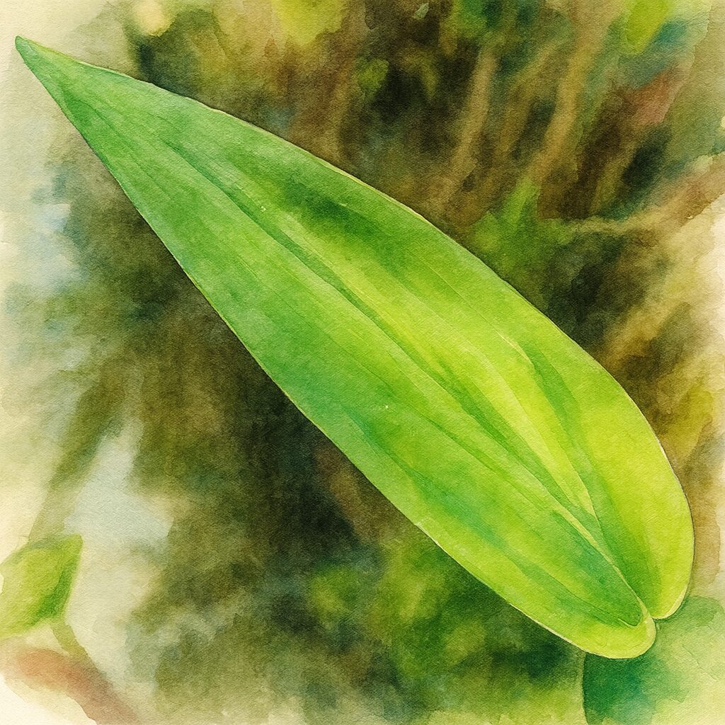 水彩画風のツユクサの葉のイラスト｜鮮やかな緑色の細長い葉のボタニカルアート