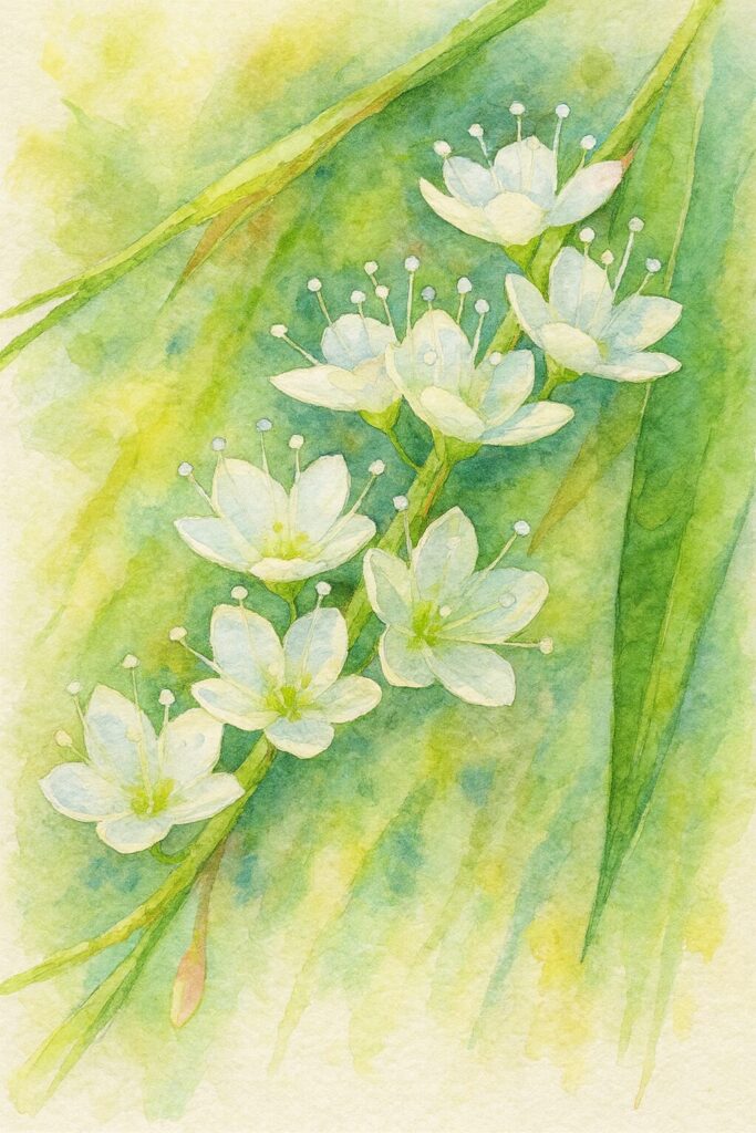 シロバナサクラタデの花を描いた柔らかな水彩画イラスト｜白い小花が連なる植物アート