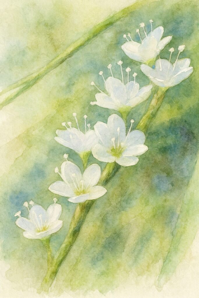 シロバナサクラタデの白い小花を描いた水彩画イラスト｜柔らかな緑背景の植物アート