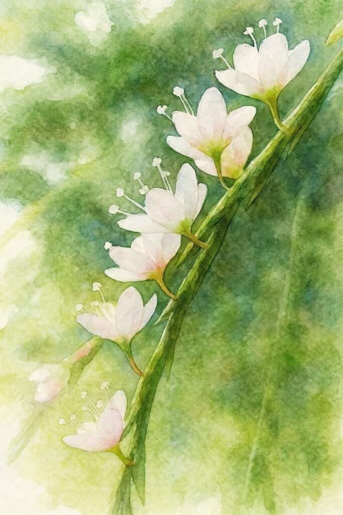 シロバナサクラタデの小さな白花を描いた水彩画イラスト｜柔らかな緑背景に並ぶ花穂