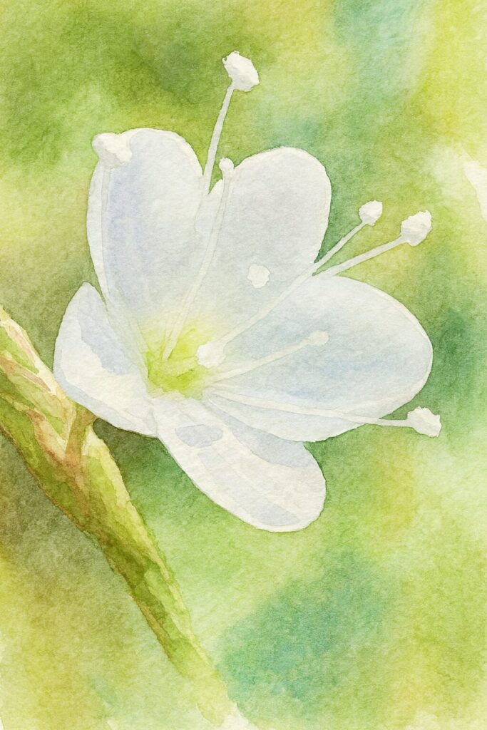 シロバナサクラタデの小さな白花を丁寧に描いた水彩画イラスト｜柔らかな緑背景と繊細な雄しべ