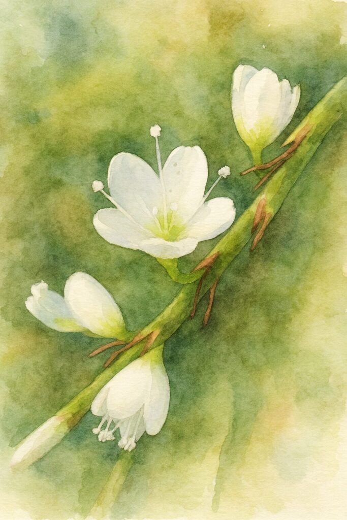 シロバナサクラタデの小さな白花と蕾を描いた水彩画イラスト｜柔らかな緑背景に映える野草アート