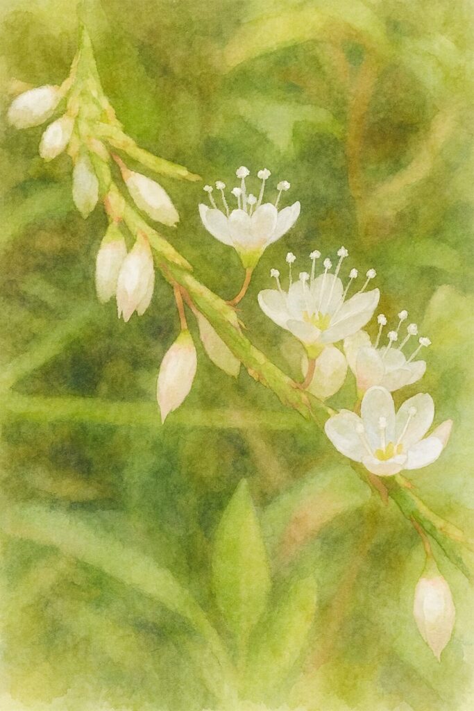 シロバナサクラタデの花穂を描いた水彩画イラスト｜白い小花と柔らかな緑背景の植物アート