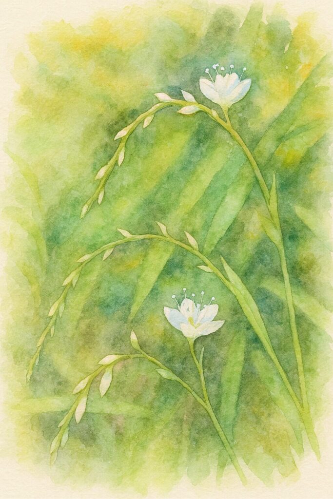 シロバナサクラタデの弓なりに伸びる花穂を描いた水彩画イラスト｜柔らかな緑背景の植物アート