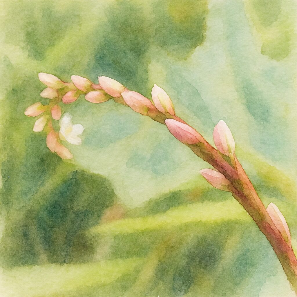 シロバナサクラタデの蕾を描いた水彩画イラスト｜柔らかな緑背景に浮かぶ植物アート