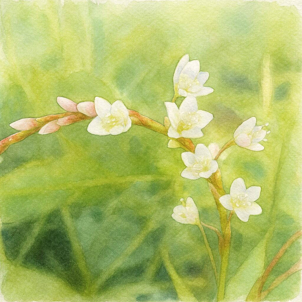 シロバナサクラタデの白花と淡い桃色の蕾を描いた水彩画イラスト｜柔らかな緑背景の植物アート