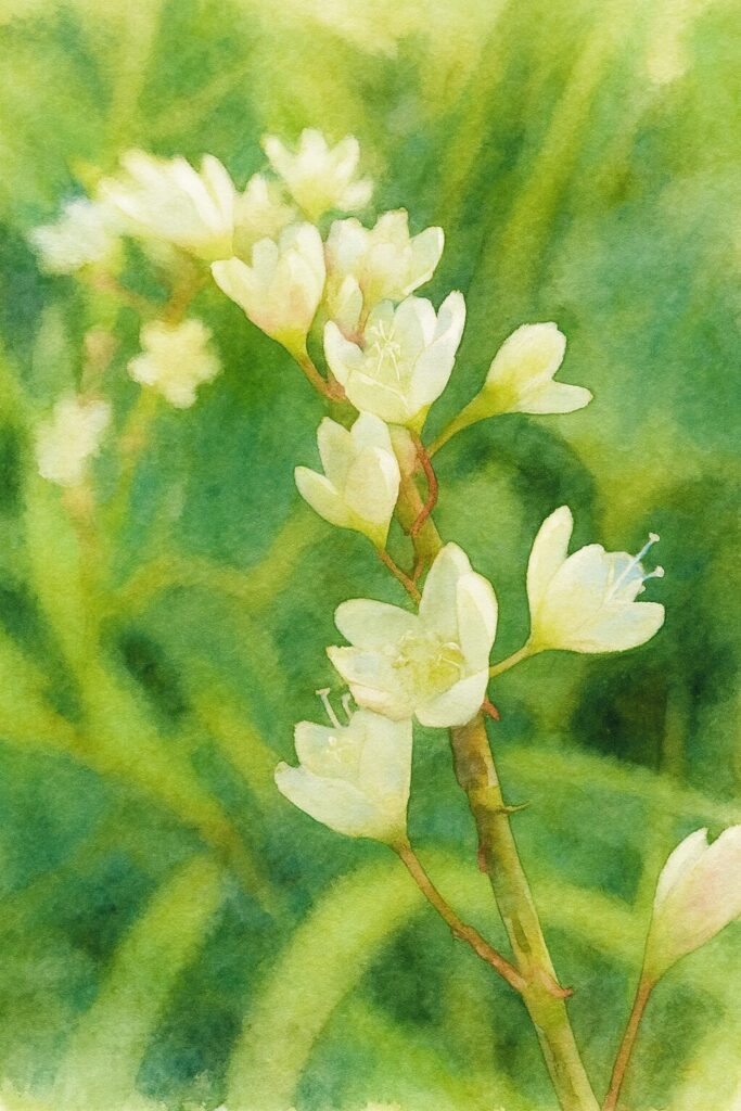 シロバナサクラタデの白花を柔らかく描いた水彩画イラスト｜緑の背景に映える繊細な植物