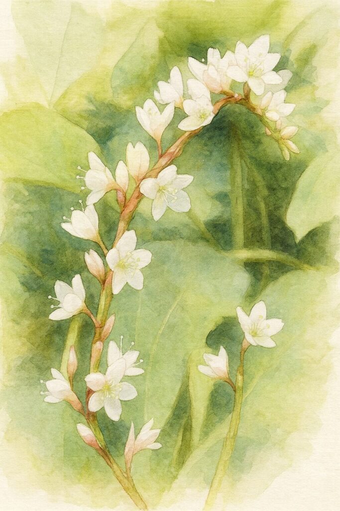シロバナサクラタデの弓なりに伸びる花穂を描いた水彩画イラスト｜白花が柔らかく映える植物アート