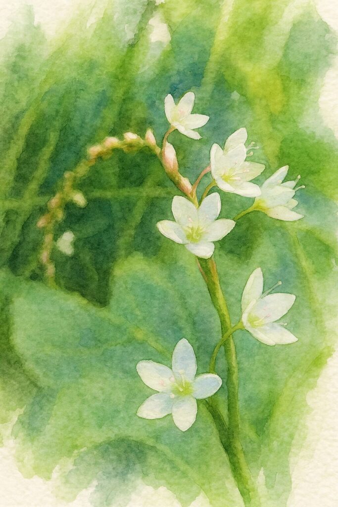 シロバナサクラタデの白花を柔らかいタッチで描いた水彩画イラスト｜緑の背景に咲く繊細な野草