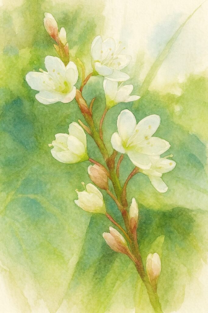 シロバナサクラタデの白花を描いた水彩画イラスト｜柔らかな緑背景に咲く繊細な植物アート