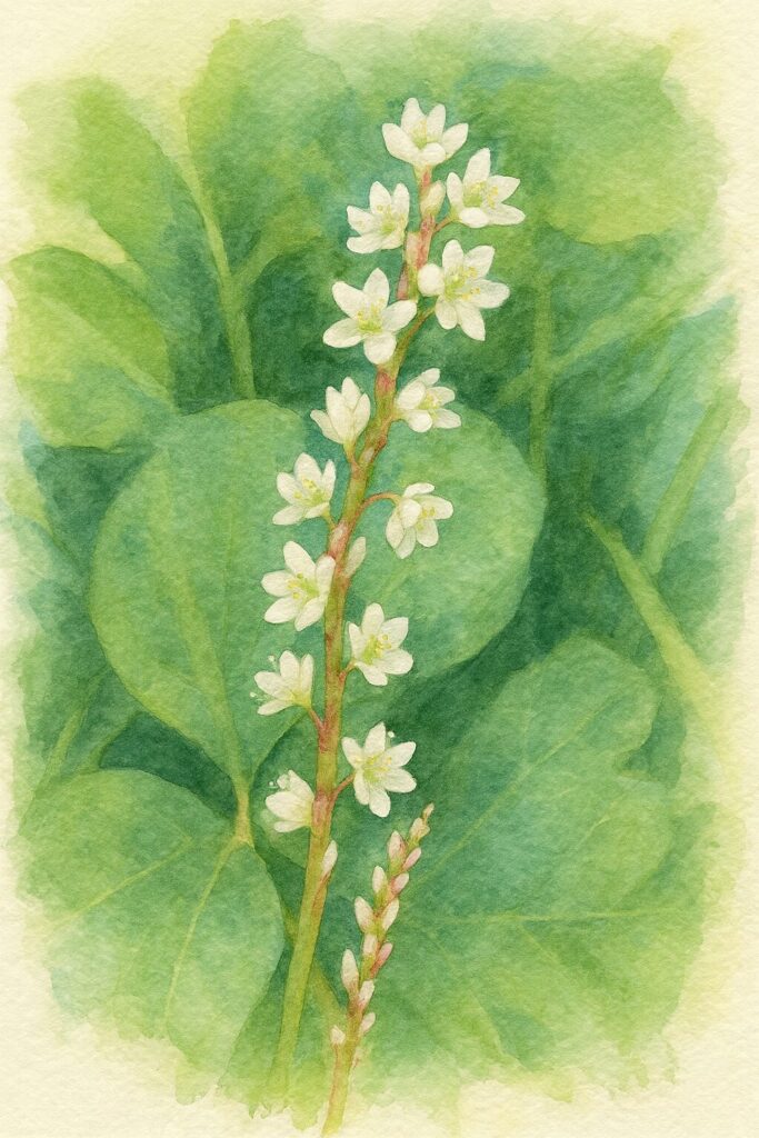 シロバナサクラタデの白花を描いた水彩画イラスト｜縦に伸びる花穂と柔らかな緑背景