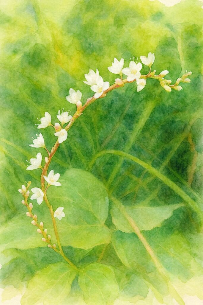シロバナサクラタデの弧状に伸びる花穂を描いた水彩画イラスト｜淡い白花と緑背景