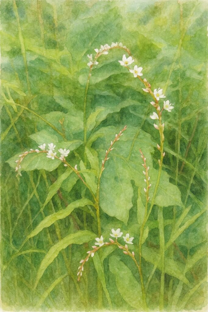 シロバナサクラタデの白い小花がアーチ状に連なる姿を描いた水彩画風イラスト