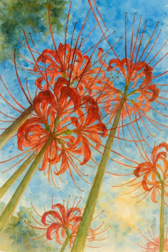 青空を背景に赤いヒガンバナを下から見上げた水彩画風イラスト