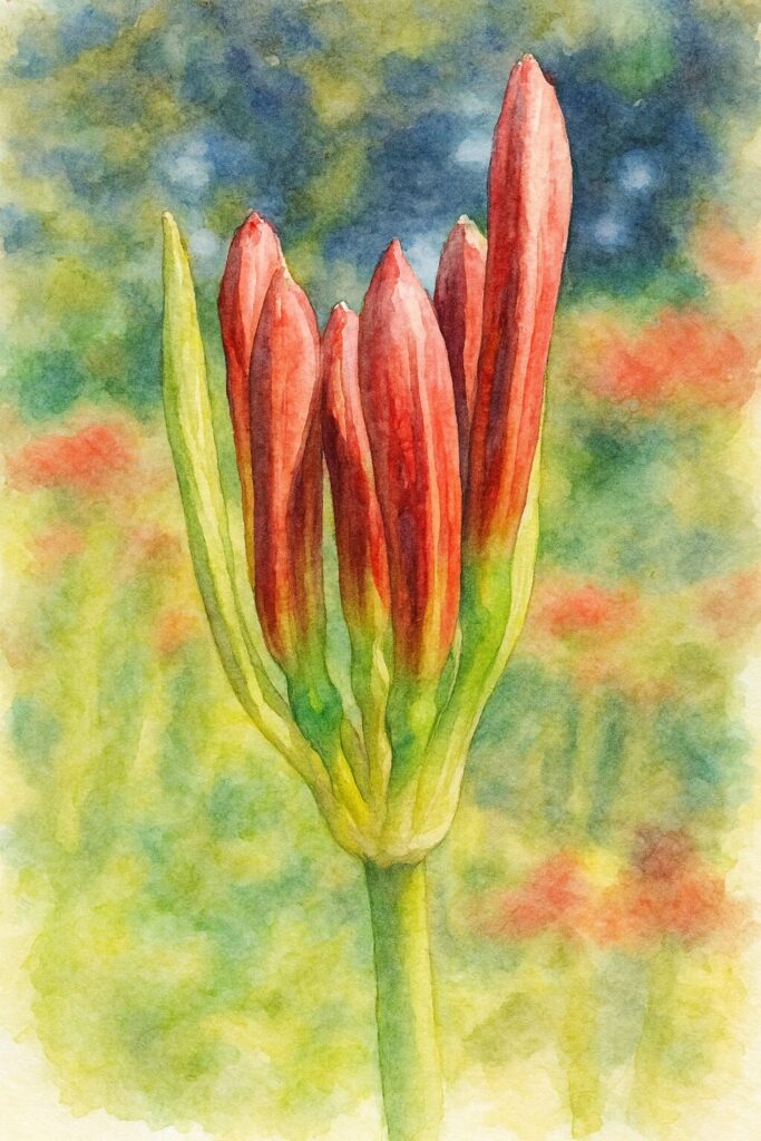 つぼみの赤いヒガンバナをクローズアップで描いた水彩画風イラスト