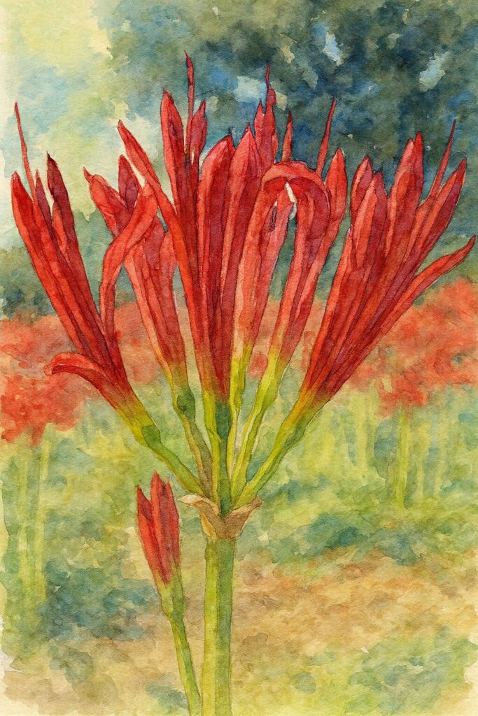 開きかけの赤いヒガンバナをクローズアップで描いた水彩画風イラスト