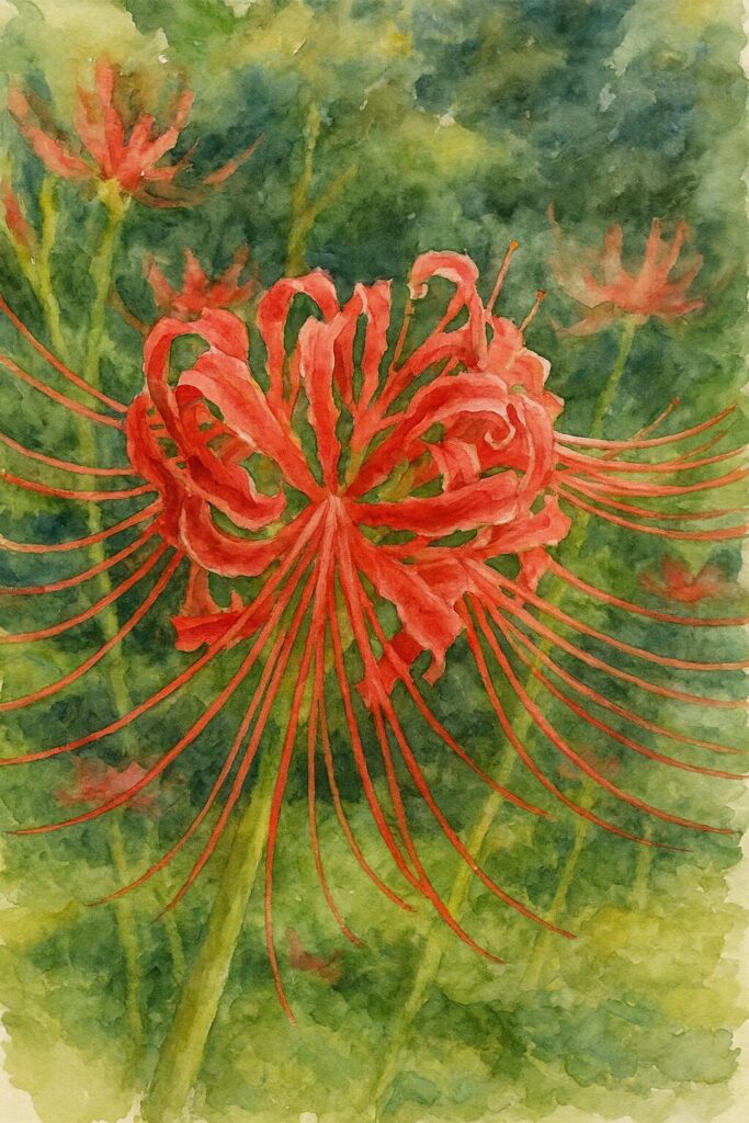 咲き広がる赤いヒガンバナを上からクローズアップで描いた水彩画風イラスト