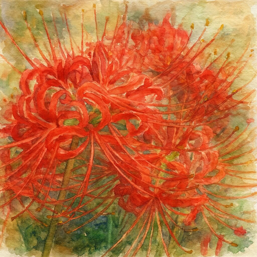 赤いヒガンバナの花を横からクローズアップで描いた水彩画風イラスト