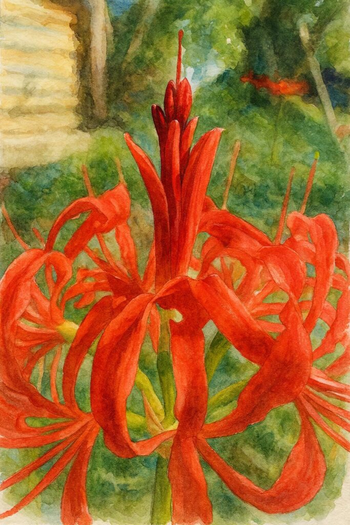 中央の花芯が立ち上がる赤いヒガンバナをクローズアップで描いた水彩画風イラスト