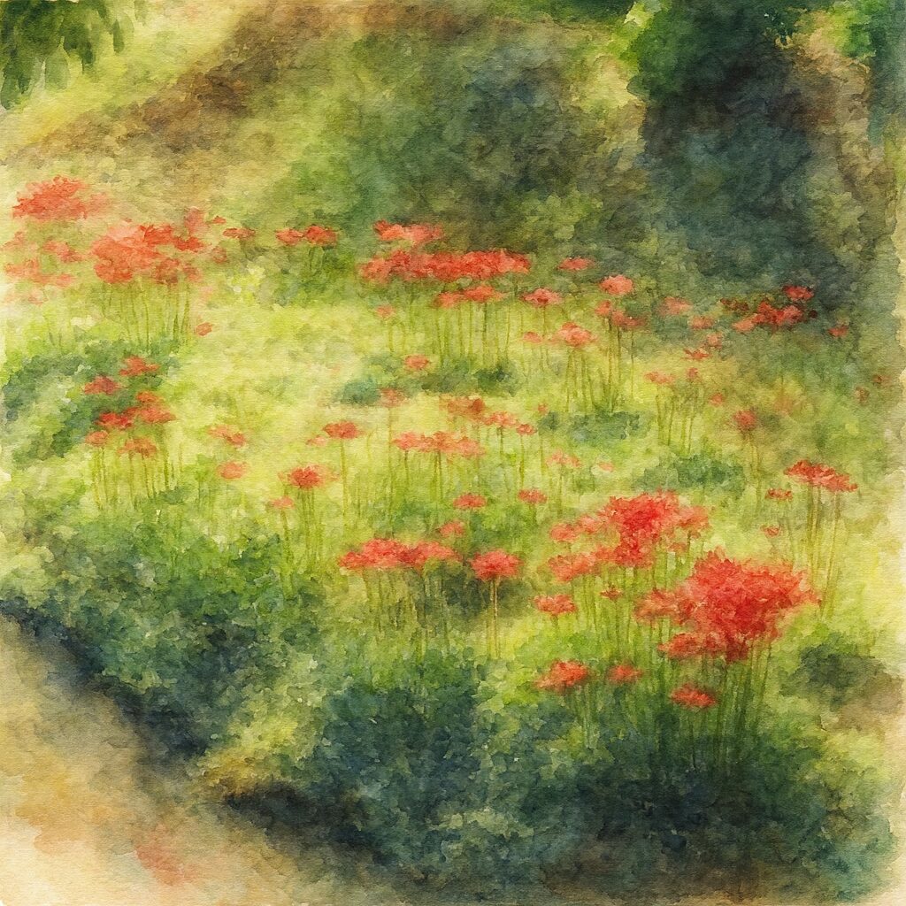 川沿いの斜面に群生する赤いヒガンバナを水彩画風に描いた風景イラスト