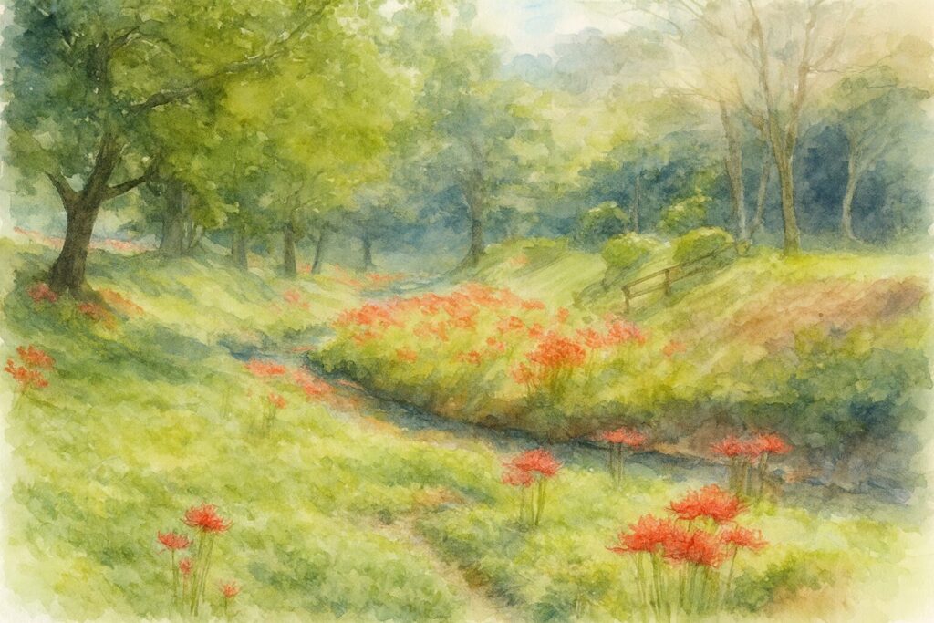 川沿いの斜面に咲くヒガンバナと木々を柔らかな筆致で描いた水彩画風風景イラスト