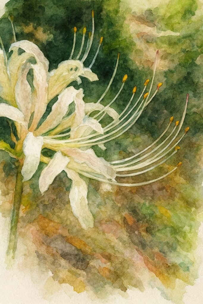 白いヒガンバナをクローズアップで描いた水彩画風イラスト
