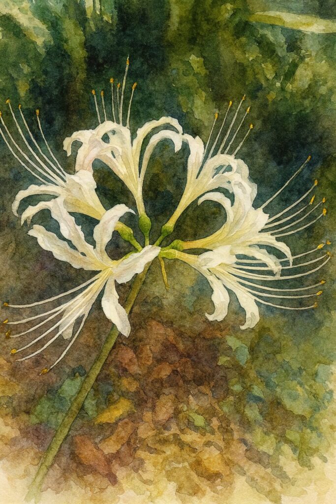 白いヒガンバナを大きく描いた水彩画風ボタニカルイラスト