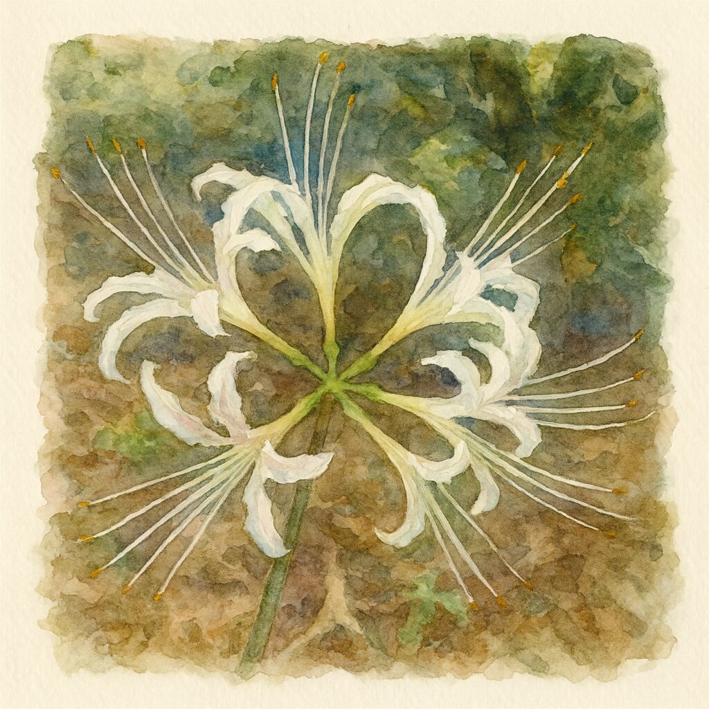 白いヒガンバナを真上から見下ろす視点で描いた水彩画風イラスト